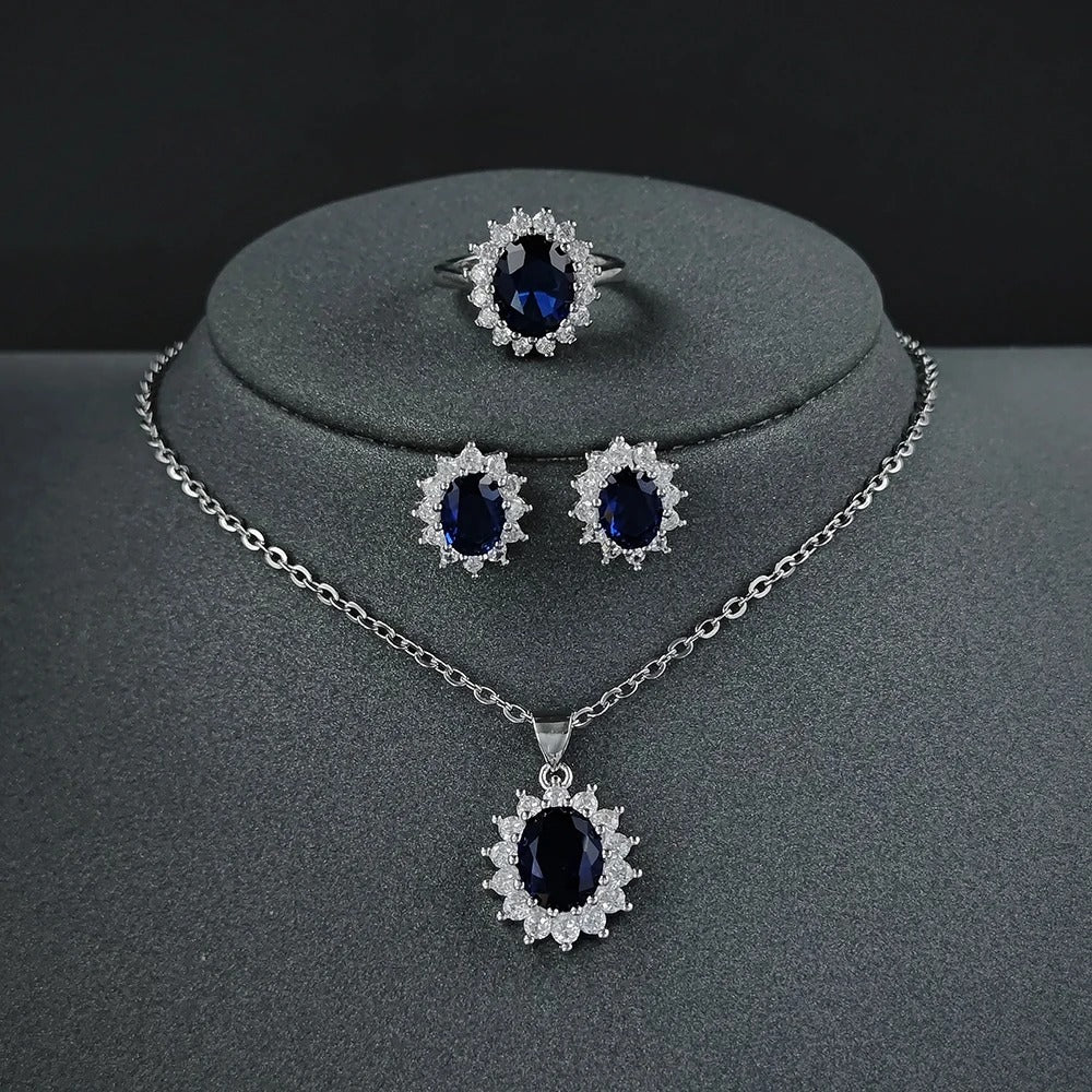 Luxury Blue Sunflower Silver Bridal Jewelry Set (3pcs) – Dubai Style, Women’s Anniversary Gift, Wholesale J5519
