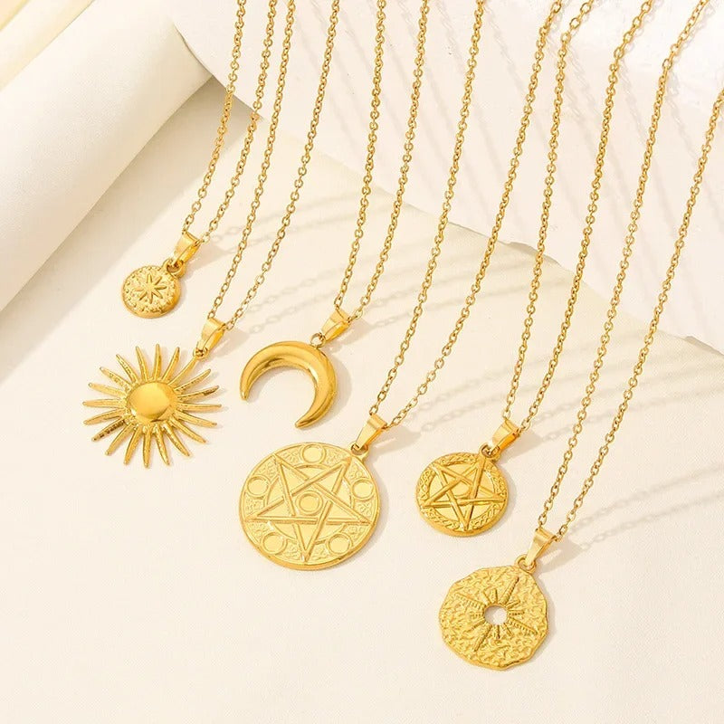 Boho Moon & Sun Stainless Steel Pendant Necklace (Gold & Silver O-Chain)