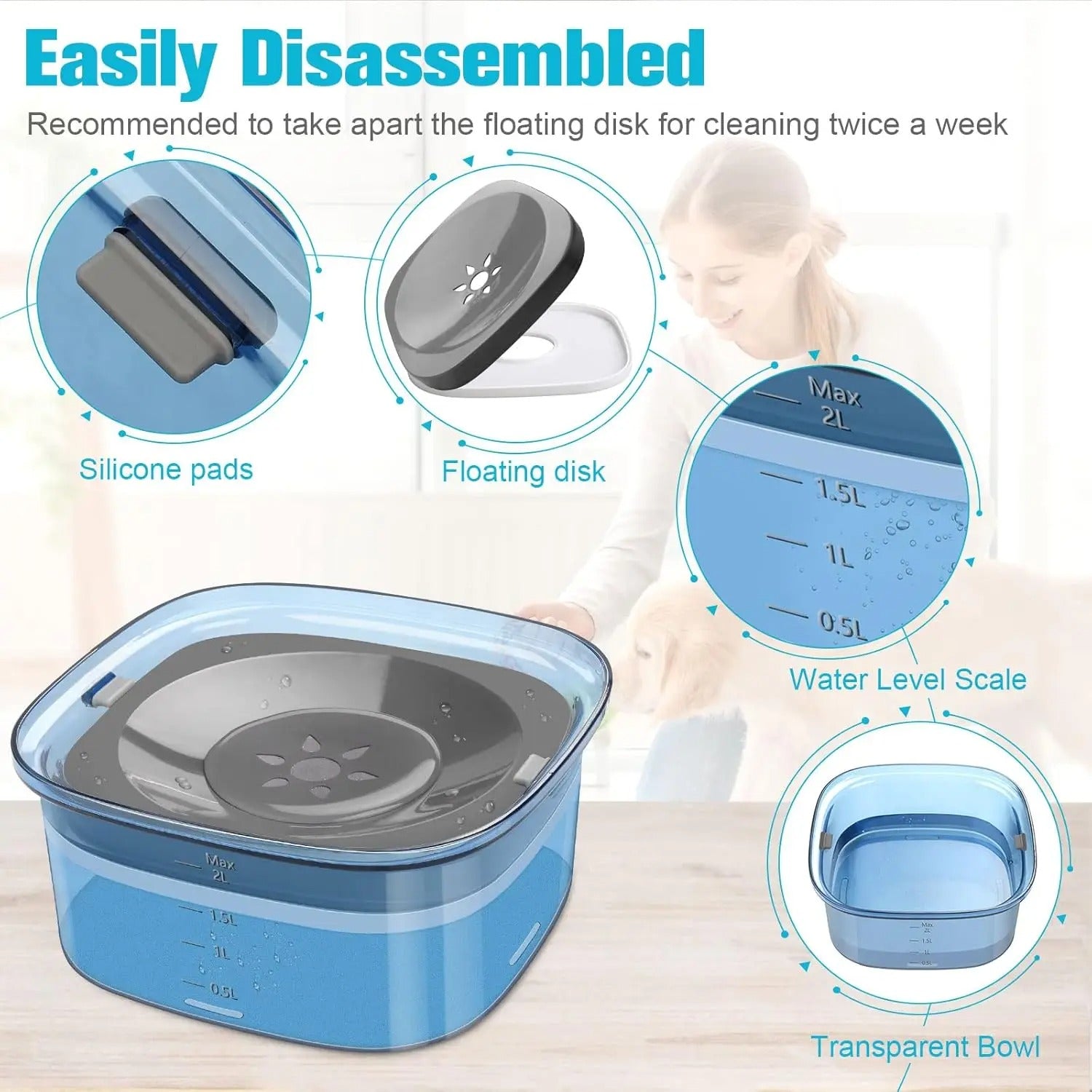 70oz Spill-Proof Dog Water Bowl – 2L Large No-Splash Slow Feeder