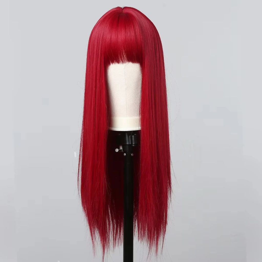 Red Long Straight Synthetic Wig – Halloween Cosplay & Daily Use with Headband
