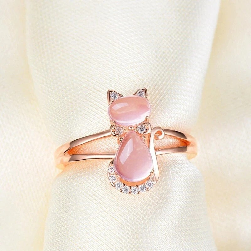 Huitan Pink Cat Ring – Cute Animal Fashion Jewelry for Women & Girls (Daily Wear Gift Ring)