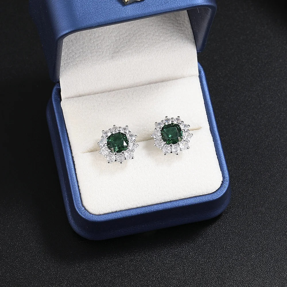 Flower Green Nano Emerald 925 Sterling Silver Halo Jewelry Set for Women (Ring, Necklace & Earrings)