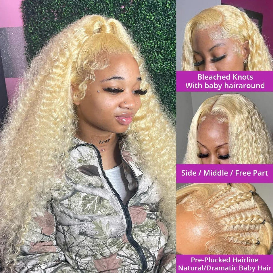 613 Blonde HD Lace Frontal Wig (13x4/13x6) Curly Deep Wave, Pre-Plucked Human Hair 30–38"