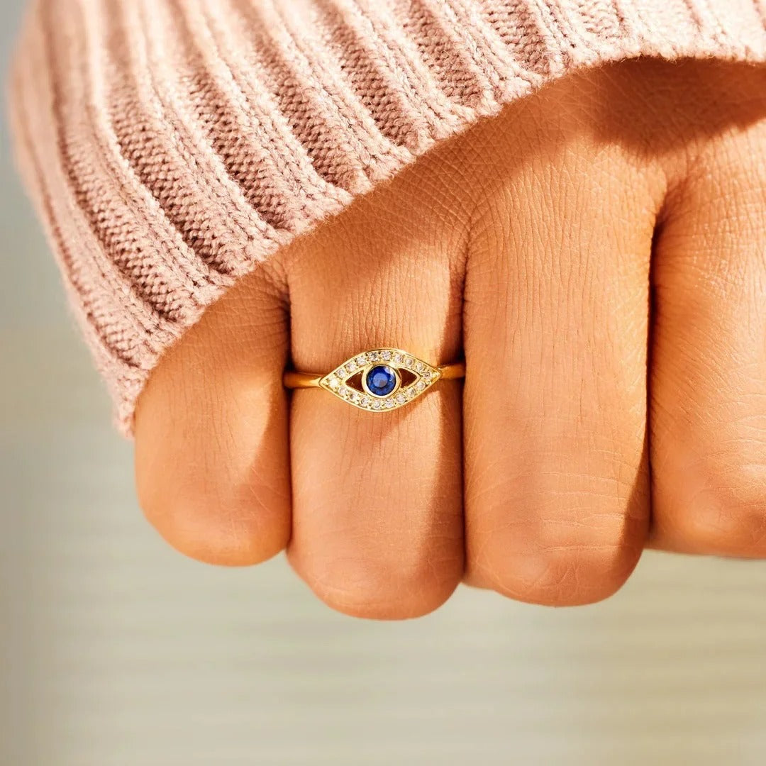 14K Gold Plated Blue Evil Eye Ring – Turkish Nazar Zirconia Women’s Jewelry