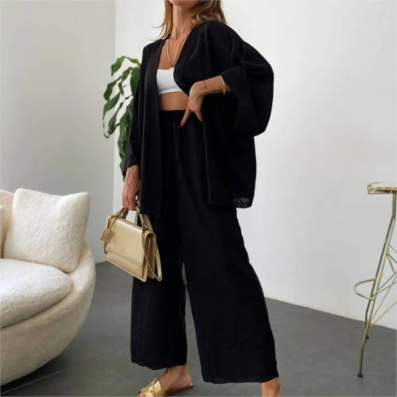 Women’s Linen 2-Piece Suit Set – Bat Sleeve Blouse & Wide Leg Pants, Elegant Loose Outfit 2024