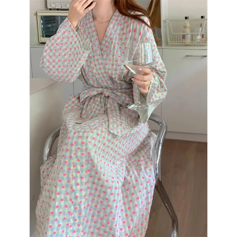 Women Plaid Kimono Nightgown Set – Long Sleeve Sexy Bathrobe with Lace-Up Trousers