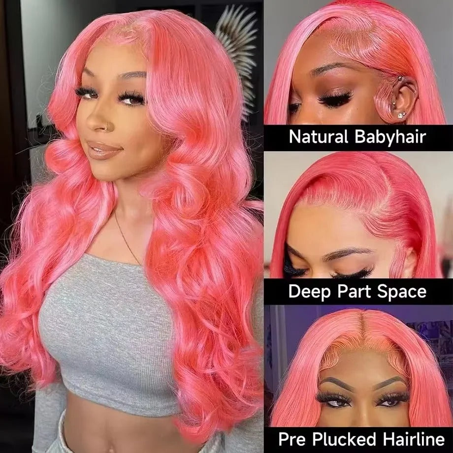 30–32" Pink Body Wave HD Lace Frontal Human Hair Wig (613 Brazilian)