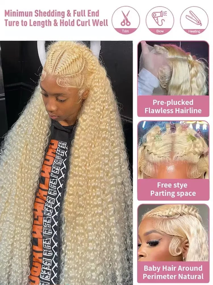 Luvin 613 Honey Blonde Deep Wave Curly Lace Front Human Hair Wig 38" 250% Density