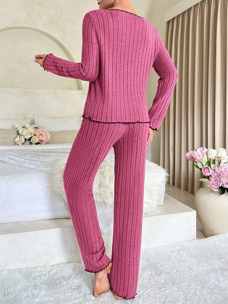 Women Ribbed Winter Pajama Set – Long Sleeve & Pants 2-Piece Loungewear