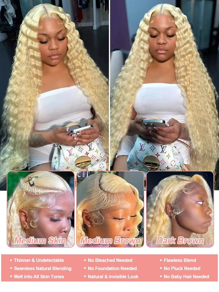613 Curly Honey Blonde HD Lace Front Human Hair Wig (Loose Deep Wave, 13x4/13x6)