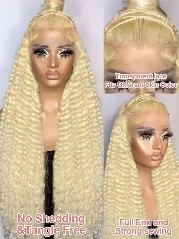 Luvin 613 Honey Blonde Deep Wave Curly Lace Front Human Hair Wig 38" 250% Density