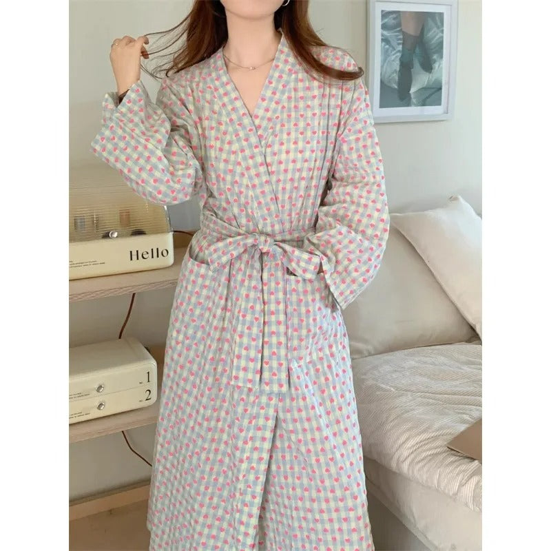 Women Plaid Kimono Nightgown Set – Long Sleeve Sexy Bathrobe with Lace-Up Trousers