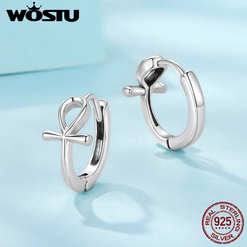 WOSTU 925 Sterling Silver Ankh Cross Huggie Earrings