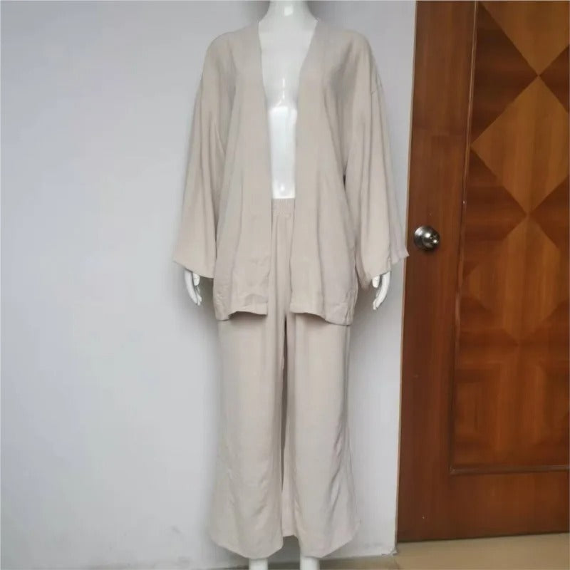 Women’s Linen 2-Piece Suit Set – Bat Sleeve Blouse & Wide Leg Pants, Elegant Loose Outfit 2024
