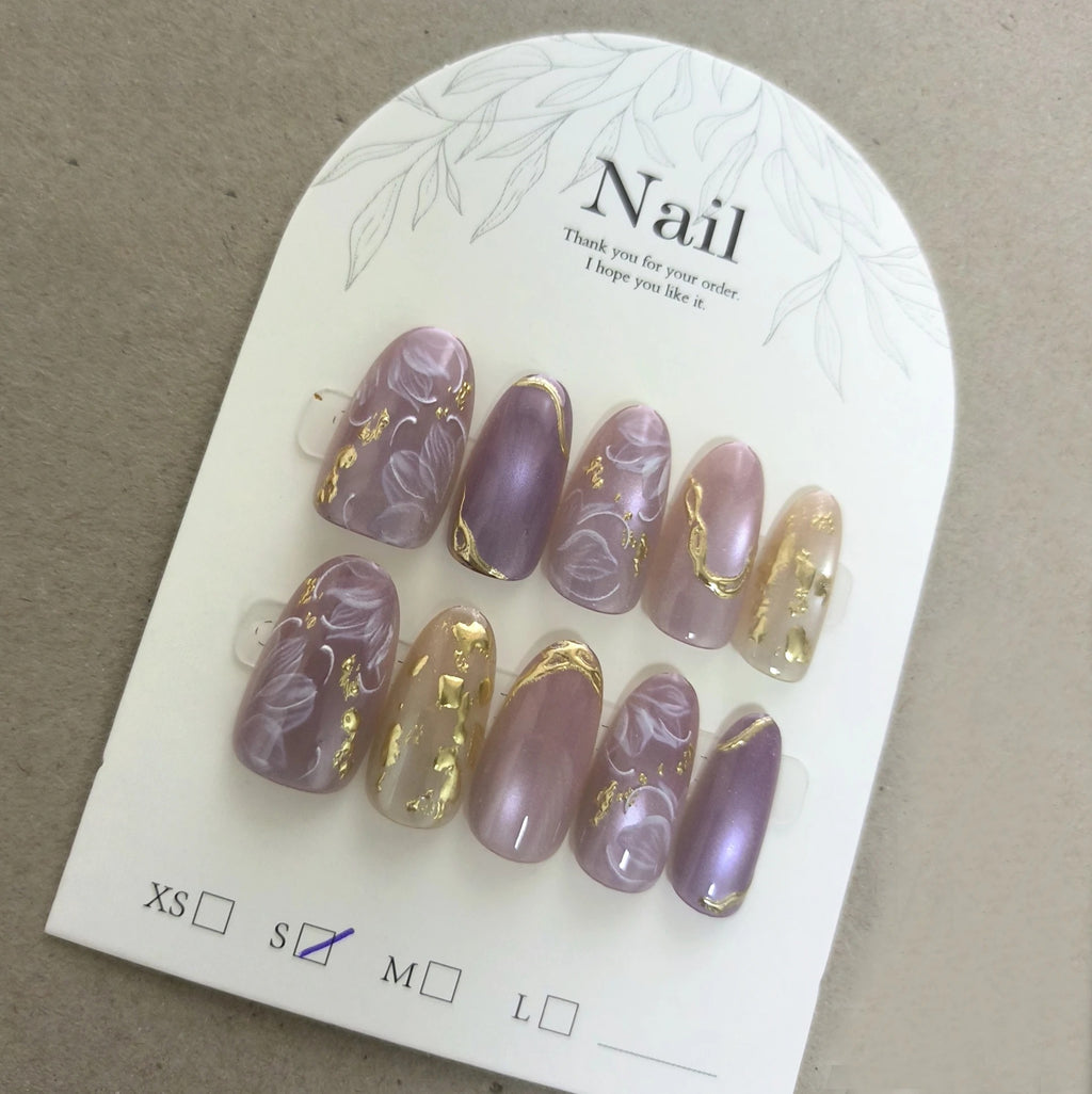 Handmade Purple Flower Cat Eye Press-On Nails (10pcs, Mid-Length Almon)d