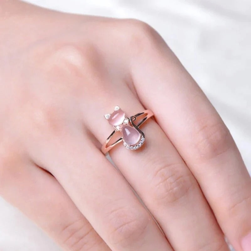 Huitan Pink Cat Ring – Cute Animal Fashion Jewelry for Women & Girls (Daily Wear Gift Ring)