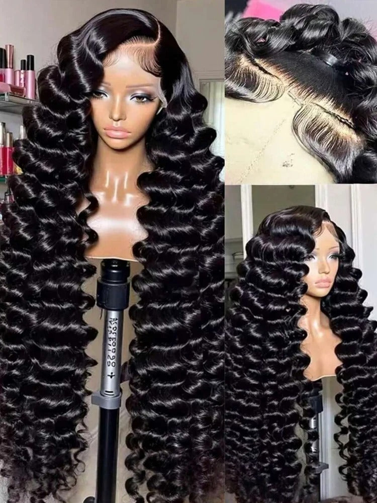 250 Density Deep Wave Human Hair Lace Frontal Wig (13x6 HD, 30–40 Inch, Bleached Knots)