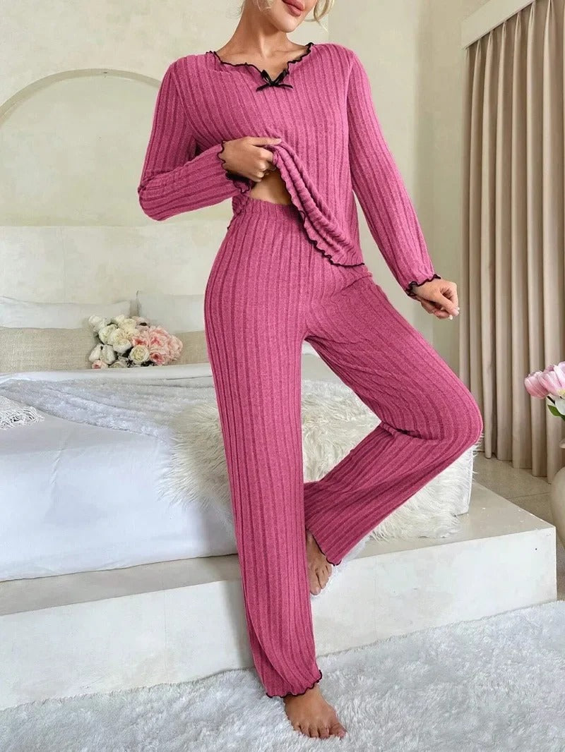 Women Ribbed Winter Pajama Set – Long Sleeve & Pants 2-Piece Loungewear