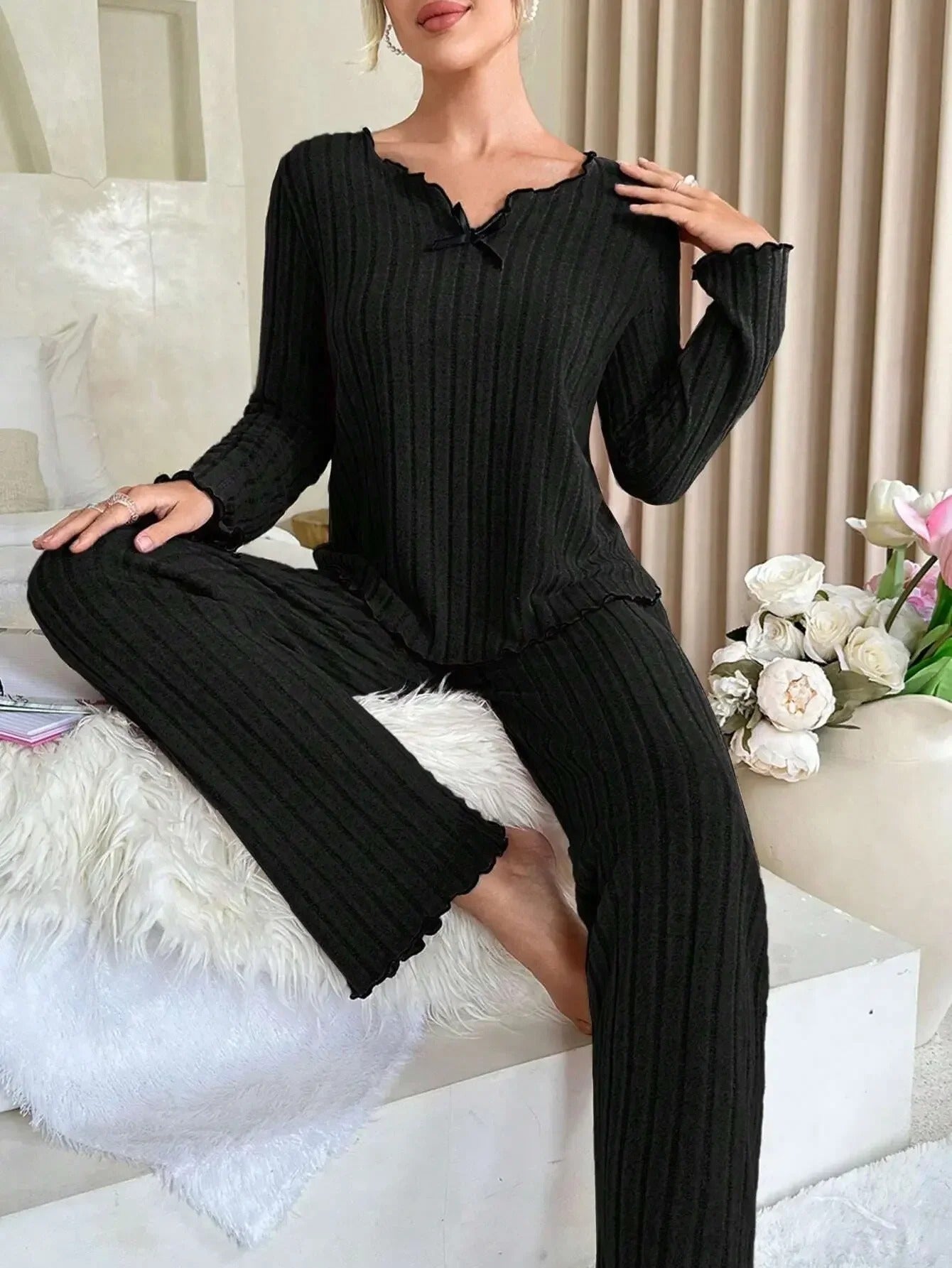 Women Ribbed Winter Pajama Set – Long Sleeve & Pants 2-Piece Loungewear