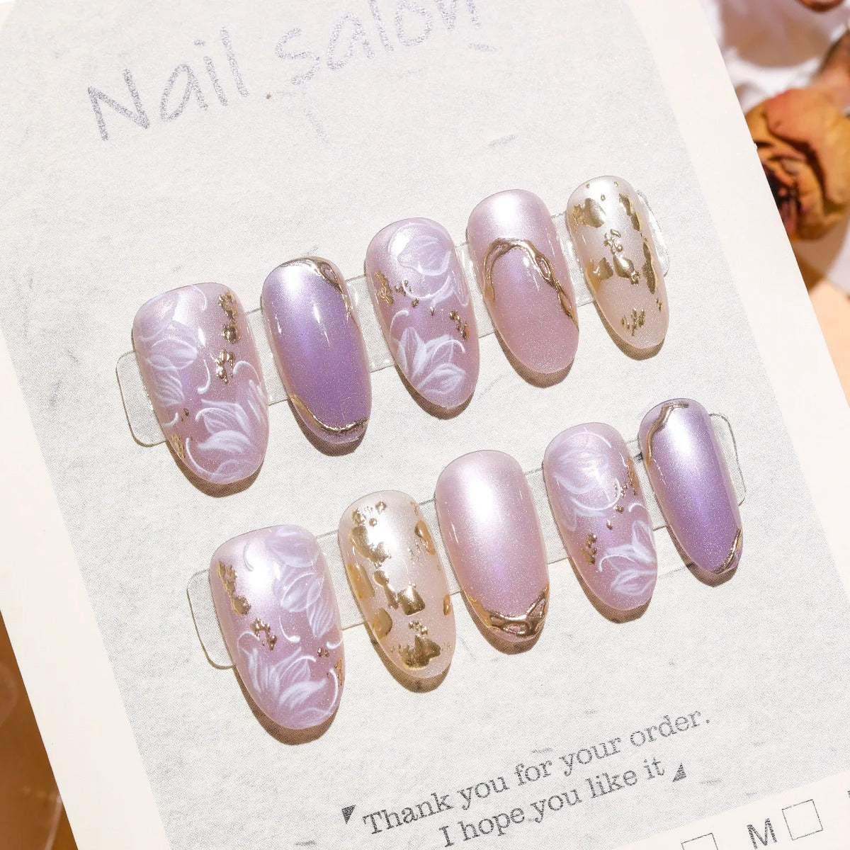 Handmade Purple Flower Cat Eye Press-On Nails (10pcs, Mid-Length Almon)d