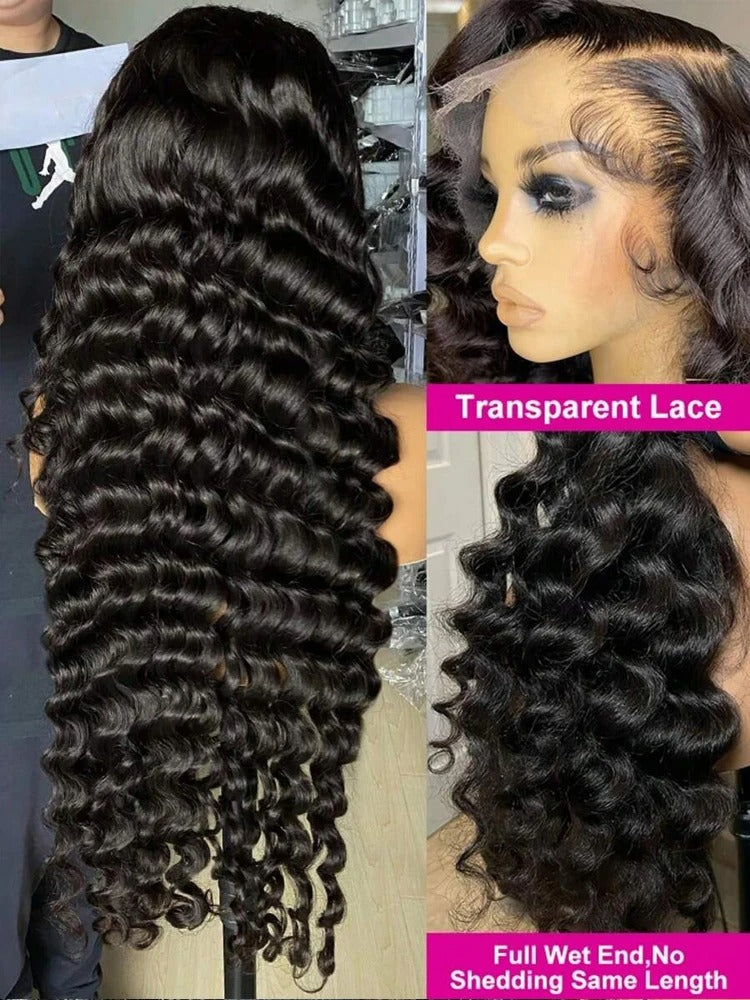 250 Density Deep Wave Human Hair Lace Frontal Wig (13x6 HD, 30–40 Inch, Bleached Knots)