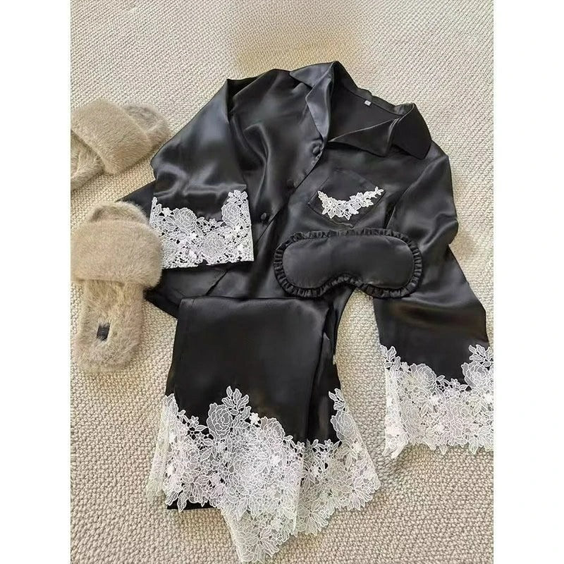 Ice Silk Lace Trim Women’s Pajama Set (Spring/Autumn, Long Sleeve Loungewear)