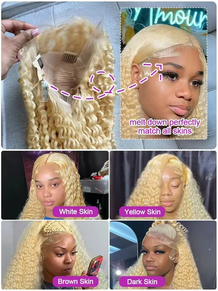 Luvin 613 Honey Blonde Deep Wave Curly Lace Front Human Hair Wig 38" 250% Density