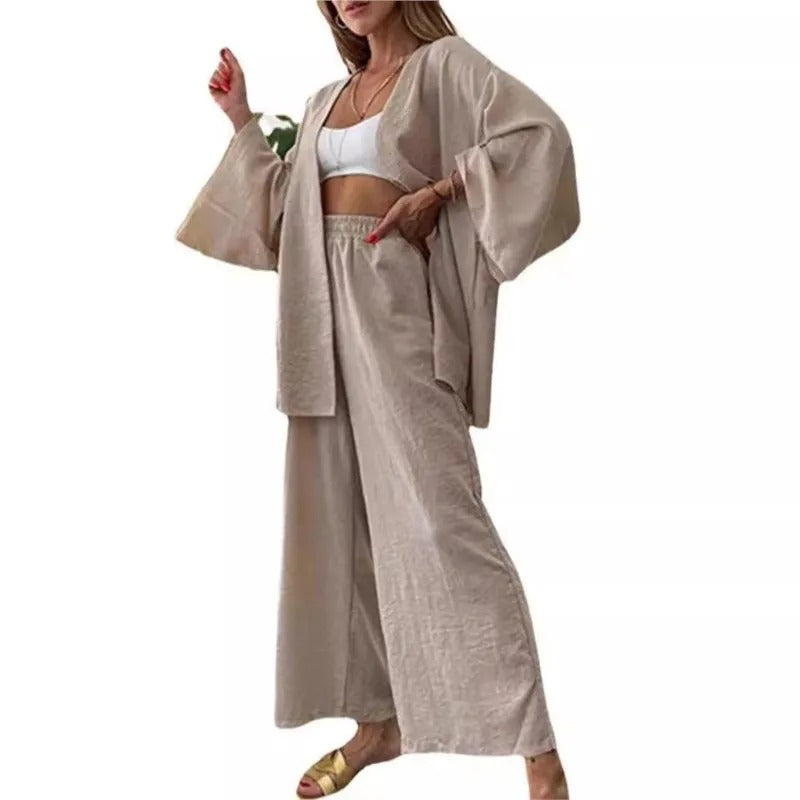 Women’s Linen 2-Piece Suit Set – Bat Sleeve Blouse & Wide Leg Pants, Elegant Loose Outfit 2024