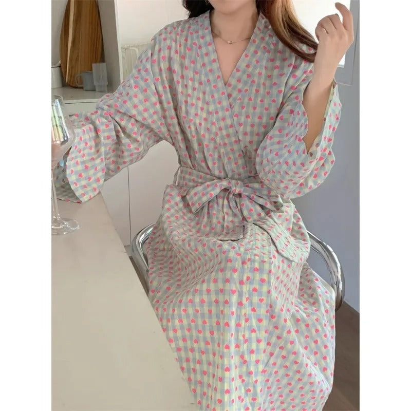 Women Plaid Kimono Nightgown Set – Long Sleeve Sexy Bathrobe with Lace-Up Trousers