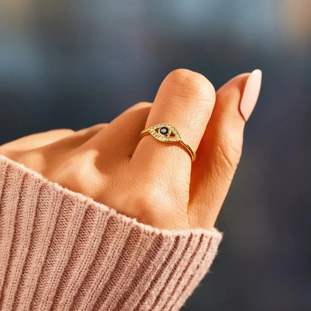 14K Gold Plated Blue Evil Eye Ring – Turkish Nazar Zirconia Women’s Jewelry