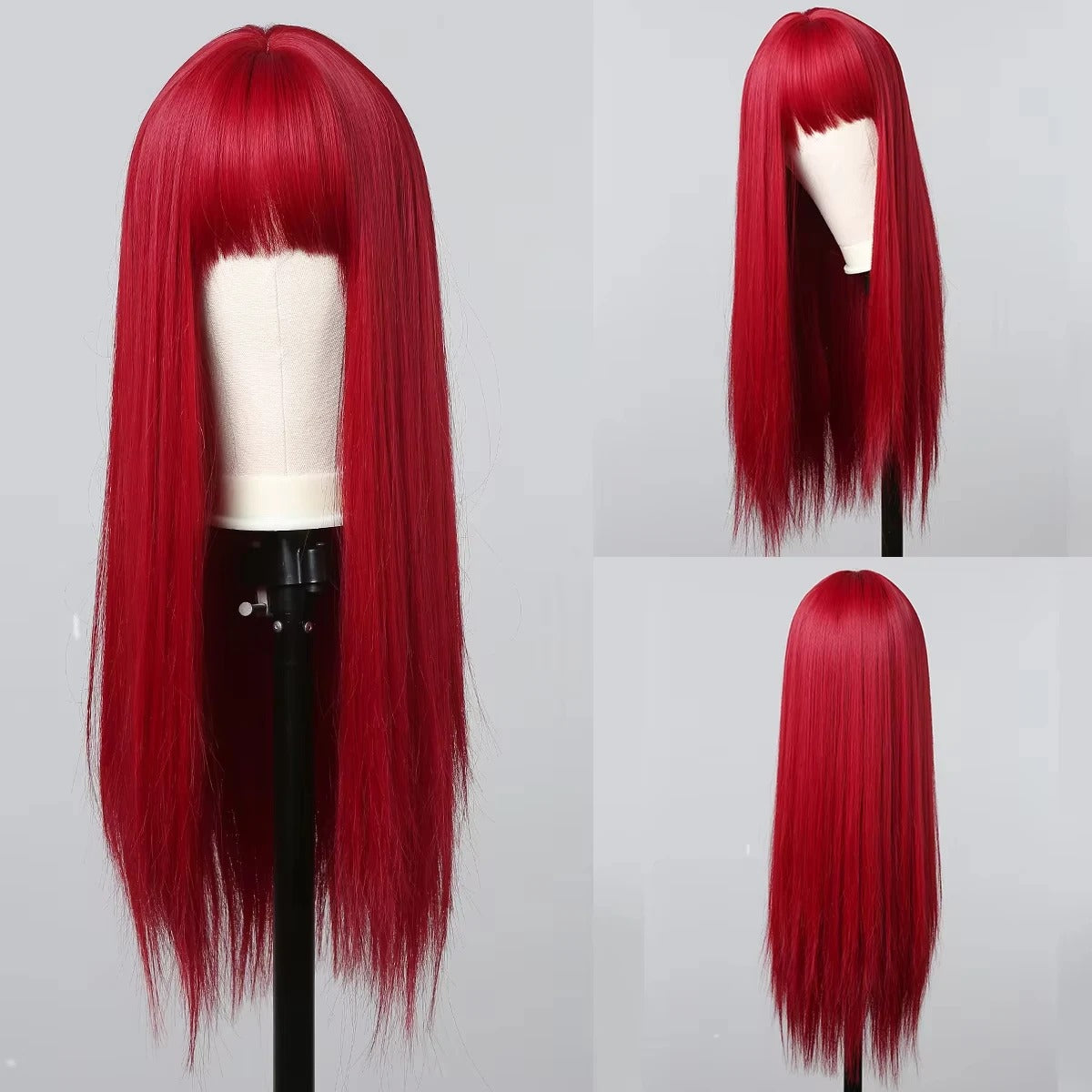 Red Long Straight Synthetic Wig – Halloween Cosplay & Daily Use with Headband