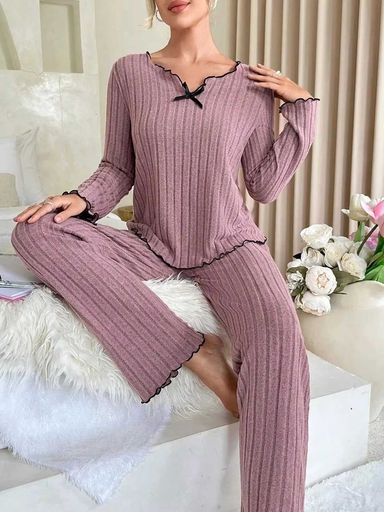 Women Ribbed Winter Pajama Set – Long Sleeve & Pants 2-Piece Loungewear