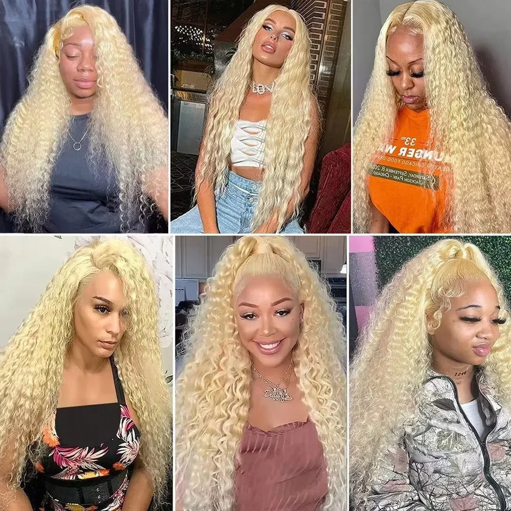 Luvin 613 Honey Blonde Deep Wave Curly Lace Front Human Hair Wig 38" 250% Density