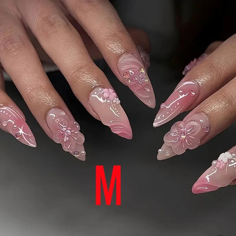 10Pcs Almond Press-On Nails with 3D Flower Design & French Tips