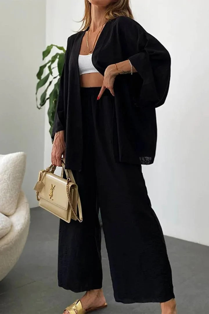 Women’s Linen 2-Piece Suit Set – Bat Sleeve Blouse & Wide Leg Pants, Elegant Loose Outfit 2024