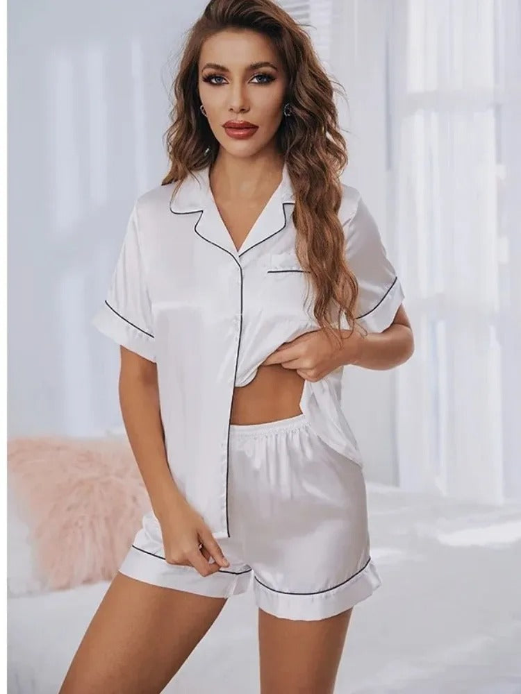 Women’s Summer Silk Satin Pajama Set – Button-Down Shorts Loungewear