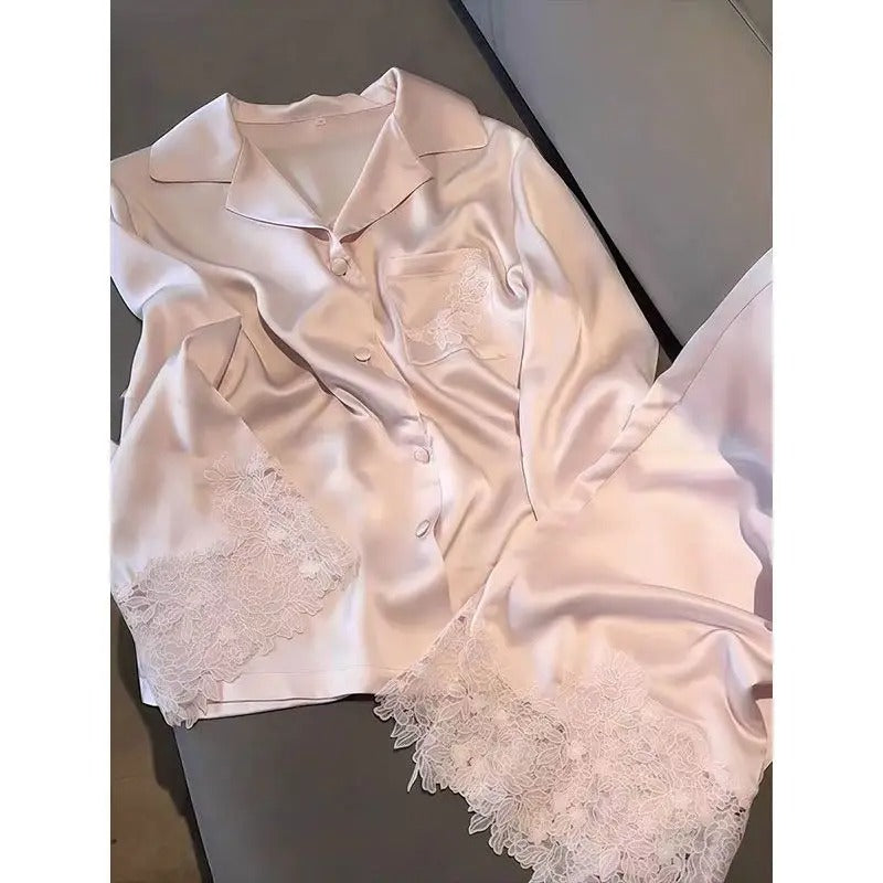 Ice Silk Lace Trim Women’s Pajama Set (Spring/Autumn, Long Sleeve Loungewear)