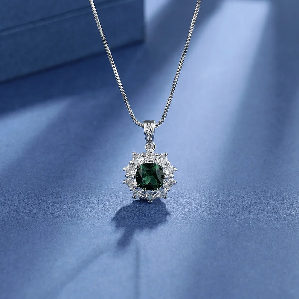 Flower Green Nano Emerald 925 Sterling Silver Halo Jewelry Set for Women (Ring, Necklace & Earrings)