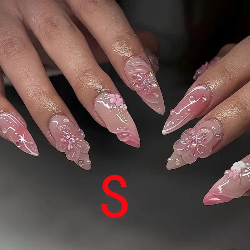 10Pcs Almond Press-On Nails with 3D Flower Design & French Tips
