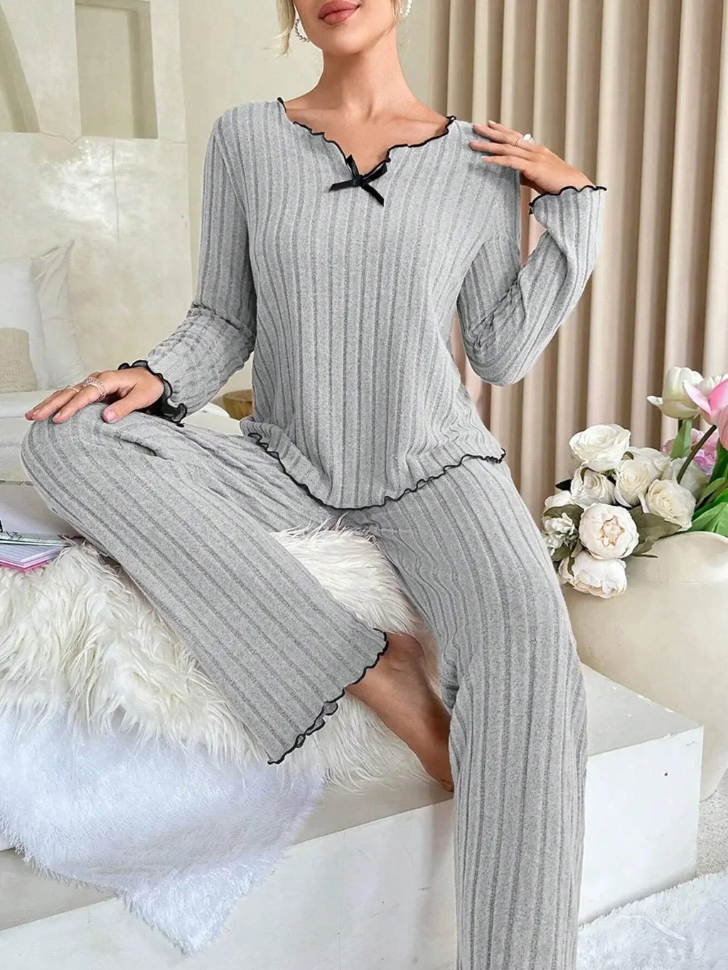 Women Ribbed Winter Pajama Set – Long Sleeve & Pants 2-Piece Loungewear