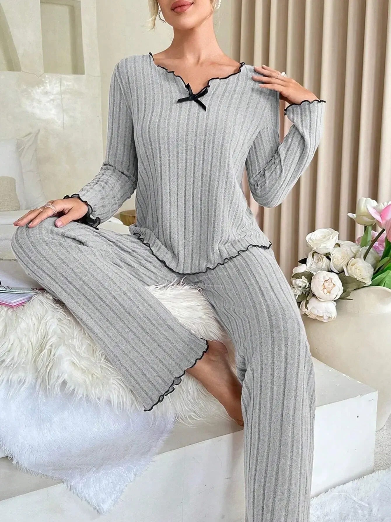 Women Ribbed Winter Pajama Set – Long Sleeve & Pants 2-Piece Loungewear
