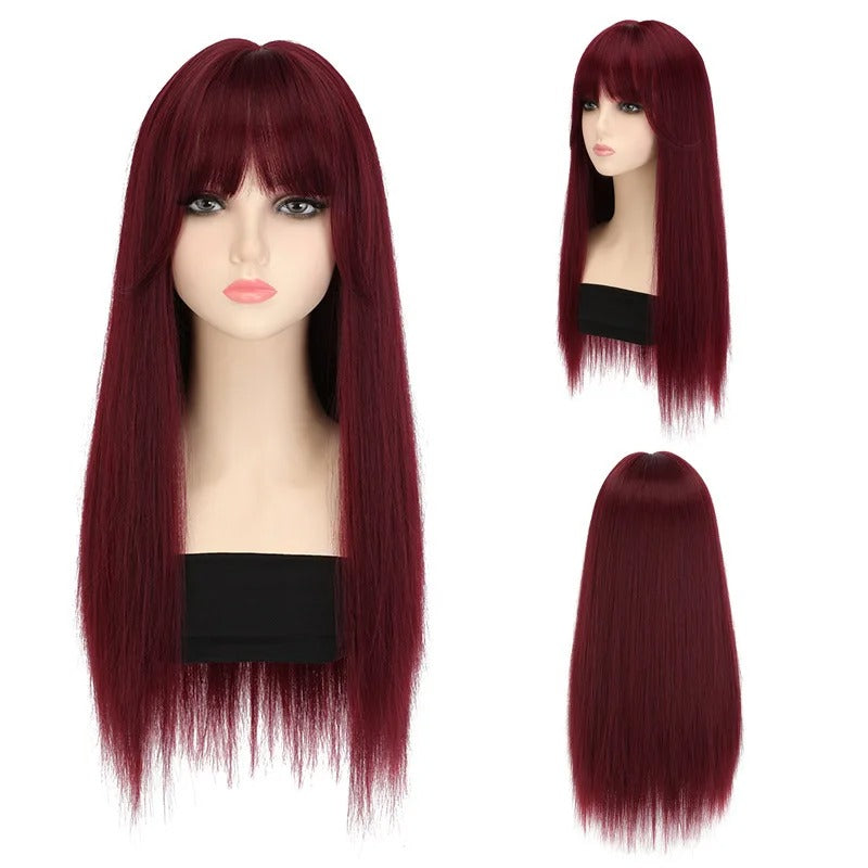 Red Long Straight Synthetic Wig – Halloween Cosplay & Daily Use with Headband