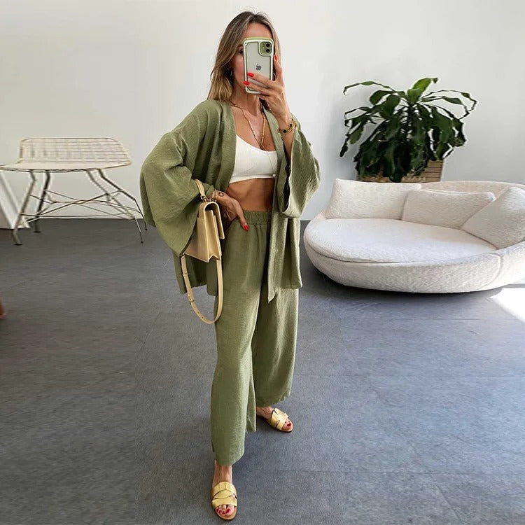 Women’s Linen 2-Piece Suit Set – Bat Sleeve Blouse & Wide Leg Pants, Elegant Loose Outfit 2024