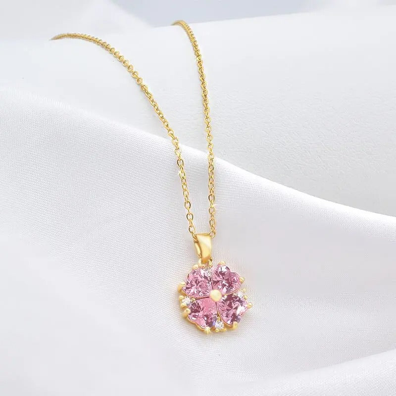 Women Pink Glass Copper Pendant Necklace – Light Luxury Jewelry